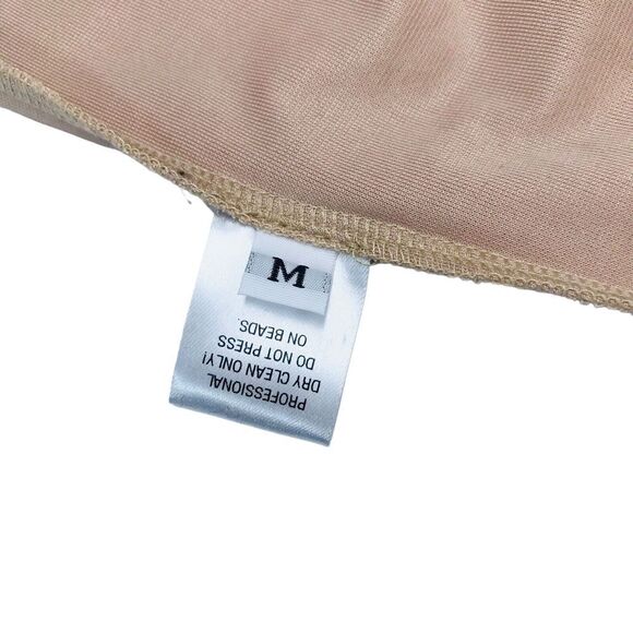 Kora Rae Mesh Beaded Dress Size M Beige Mini Bodycon Long Sleeve Embellished - Picture 9 of 16